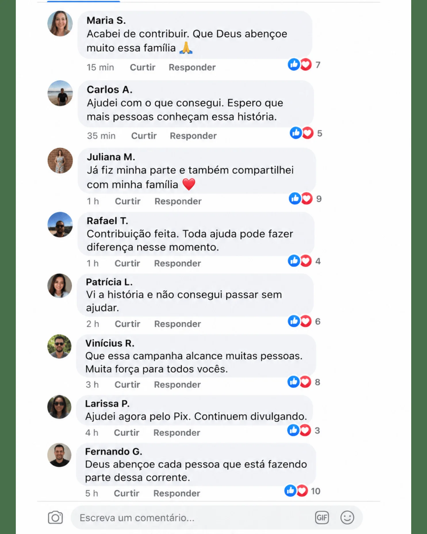 Mensagens de apoio à campanha do Instituto Novos Começos